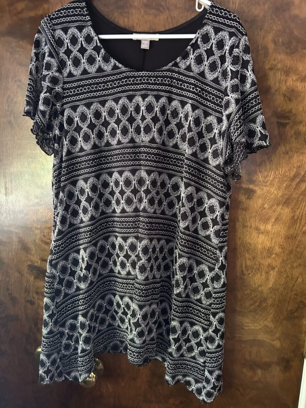 Roz & Ali Black & White Diamond Print Dress with Lace Hem, Size 1X